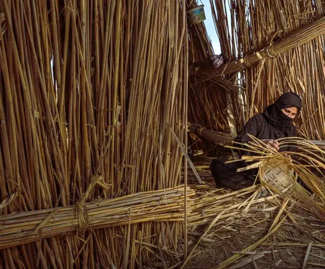 A woman works on manufacturing reeds